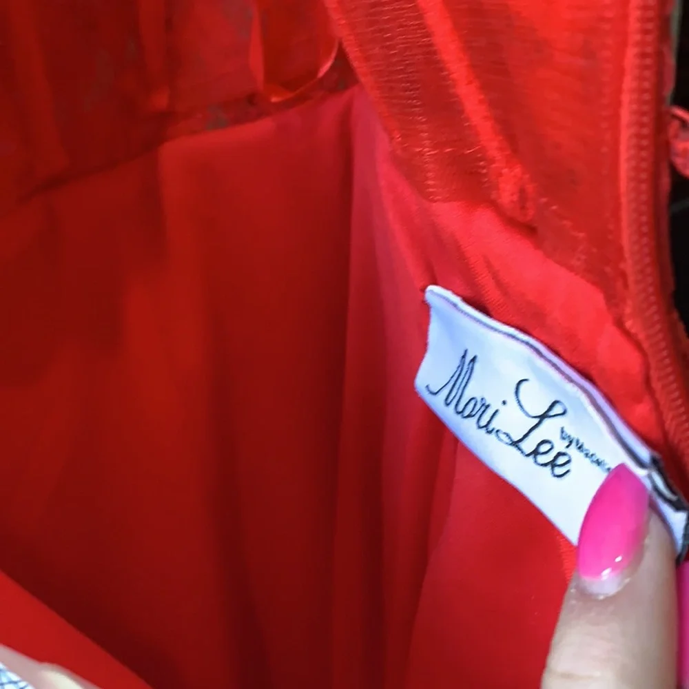 Mori Lee red rhinestone lace cocktail one shoulder dress. Size 3/4 - Picture 8 of 10